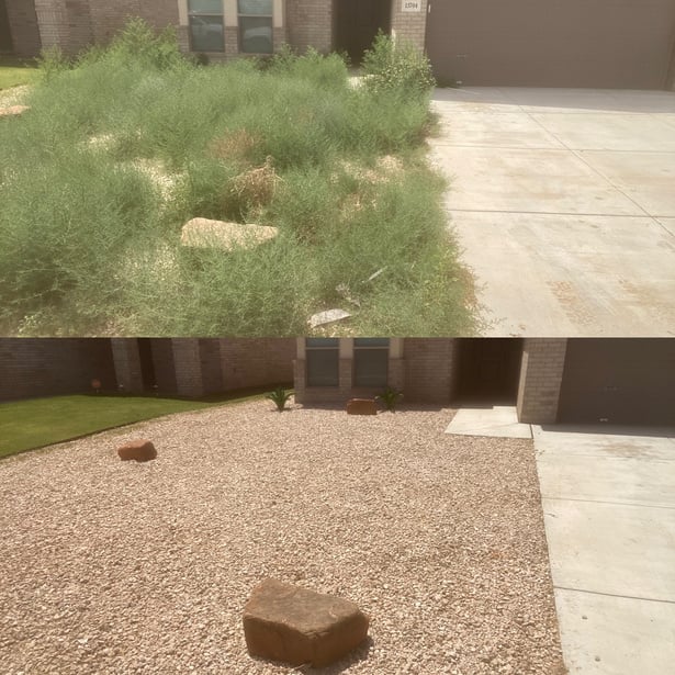 a before and after photo of a yard with grass and rocks then cleaned